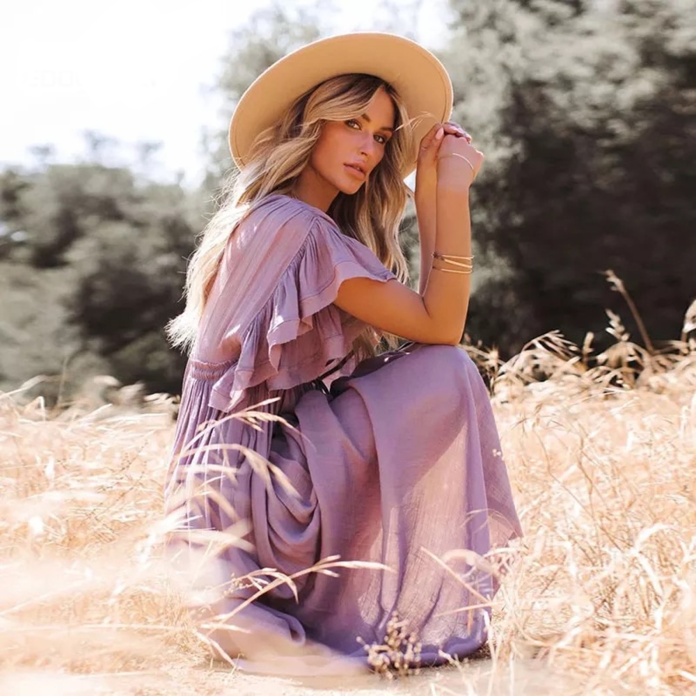 Butterfly Orchid Boho Gauze Button Front Flutter Maxi Dress W/Adjustable Tie - Picture 8 of 12